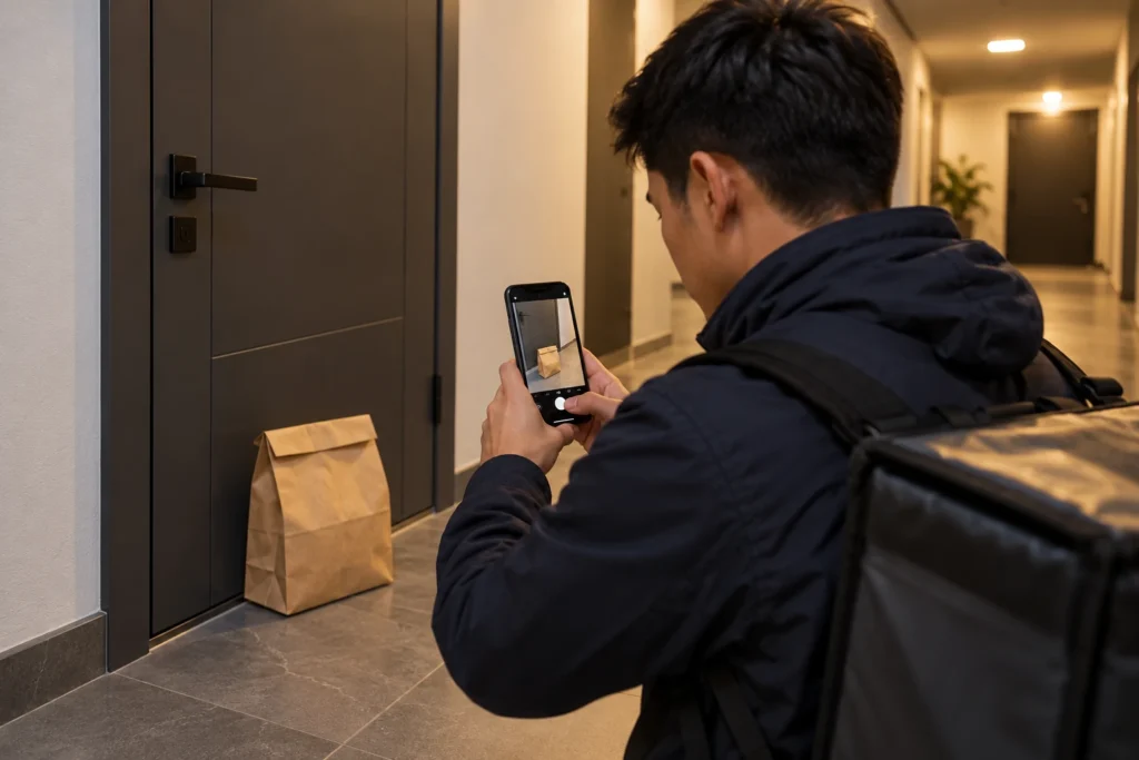 Курьер фотографирует доставленный заказ у двери квартиры на смартфон — фото подтверждения доставки